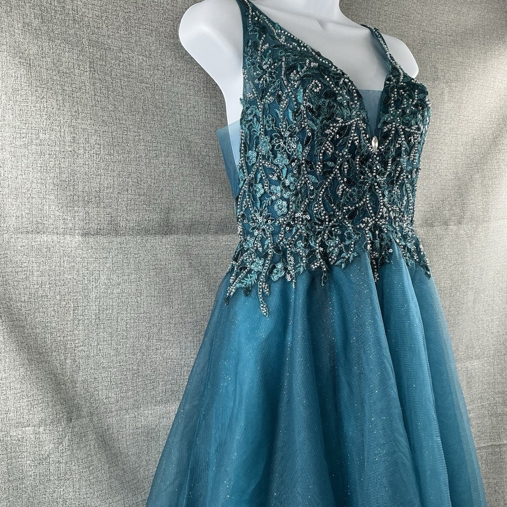 Teal Beaded Lace Sequin Tulle Homecoming Dress Sz 6 Corset Back Fit Flare V-Neck